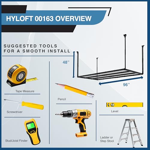 Image of HyLoft 48-Inch by 96-Inch Super Pro Ceiling Mounted Shelf for Garage, Storage Heavy Duty Hanging Shelf 2 Foot by 8 Foot, Holds up to 600 Pounds, Black