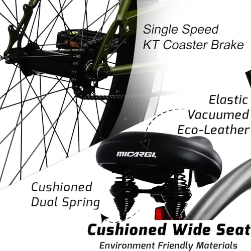 Bicicleta cruiser playera de 26 pulgadas, 1 velocidad, manillar elevado, bielas de tres piezas, llanta ancha de 26x4.0 pulgadas, para adultos, color verde mate miniatura 4