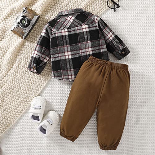 Conjunto de roupa de moletom infantil para bebês meninos com camisa xadrez de manga comprida e calça