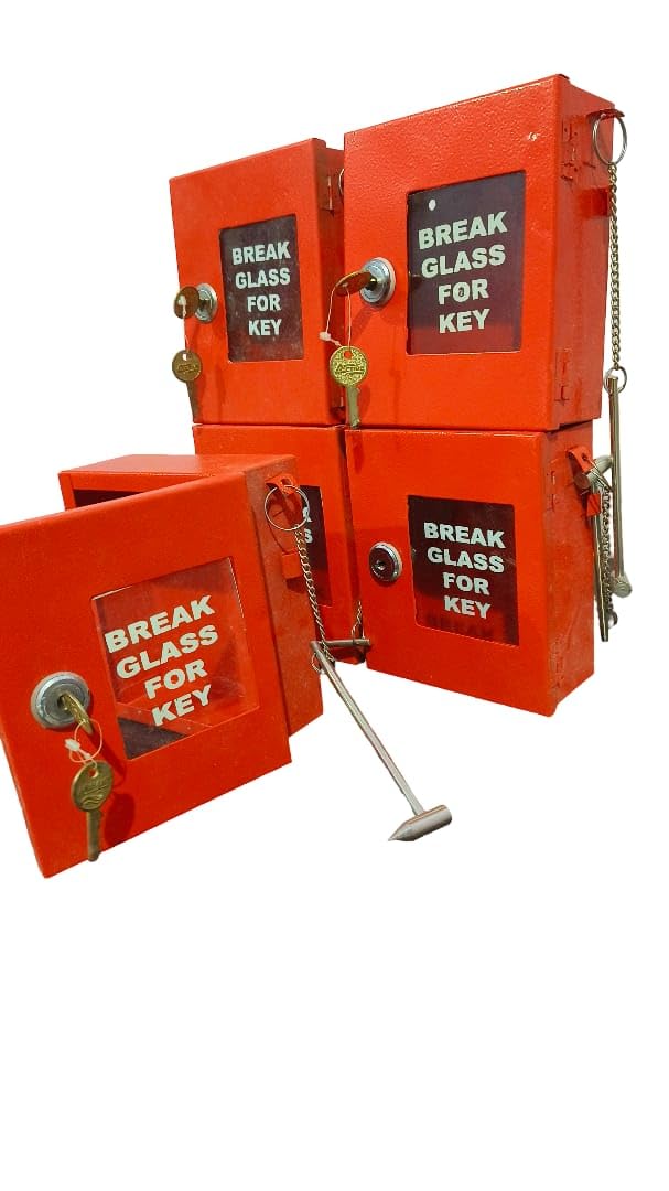 Emergency Break Glass Key Box, Red, Wall Mount, Metal with Chain, Safety Storage Cabinet