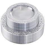 I00000 96pcs Silver Plastic Plates - Clear With Silver Rim, 48 Heavy Duty Dinner Plates (10.25 Inch) and 48 Dessert Plates (7.5 Inch) - Perfect for Party