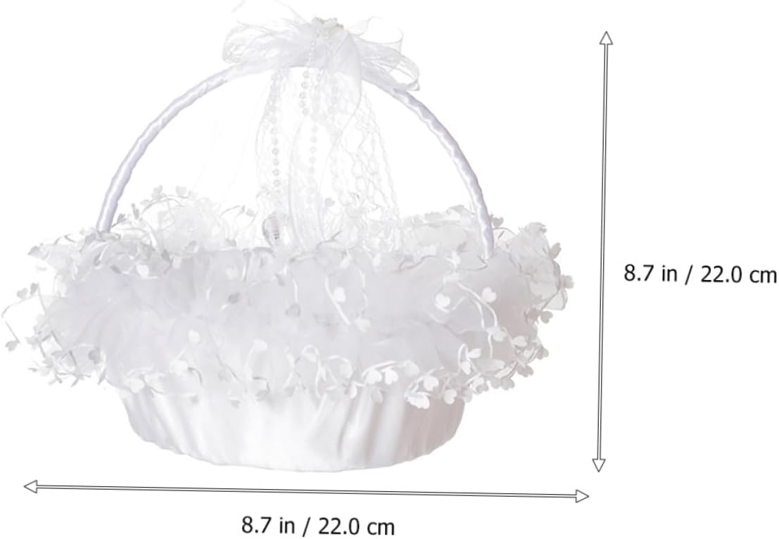 ULTECHNOVO Portable Foldable Lace Wedding Flower Girl Basket Handheld Decorative Basket for Wedding Ceremony Party Supplies White