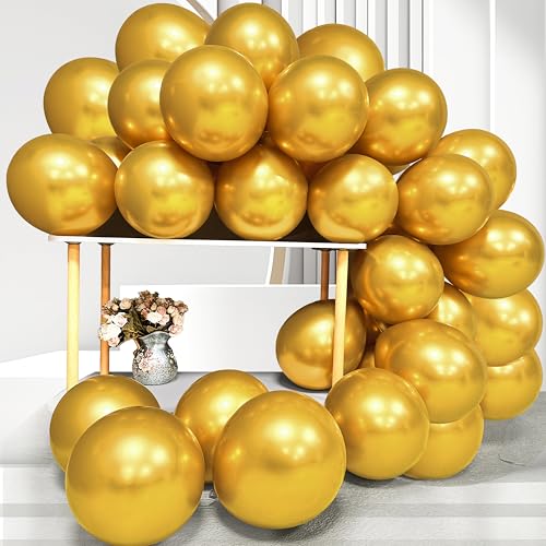 Firomi Metallic Gold Balloons 12-inch 100 Pack Helium Big Shiny Round Chrome Gold Thicken Latex Balloon for Wedding Birthday Party Gold Party Balloons (with 3 Ribbons)