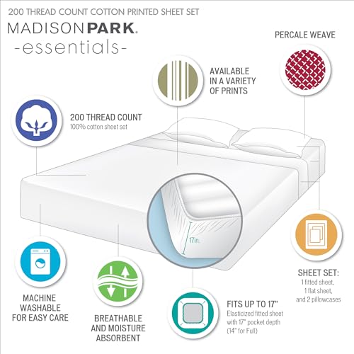 Image of Madison Park 100% Cotton Sheets, King Size, 200TC, Blue Stripe, 4 Piece | Breathable & Soft Sheet Set, Printed Design, All Season Comfort, Elastic Deep Pocket Fits Up to 14 inch Mattress, OEKO-TEX