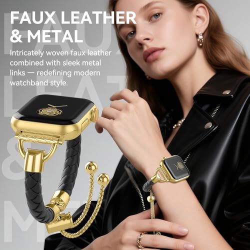 Image of Leather and Metal Band Compatible with Apple Watch Bands for Women,Adjustable Designer Cute Stylish Strap for iWatch Series11 /10 /9 /8 /7 /6 /5 /4 /3 /2 /1 /SE /Ultra