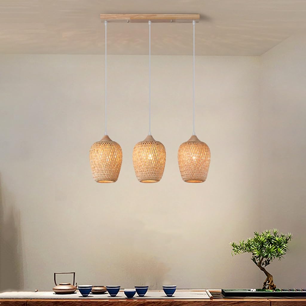 Lámpara De Techo Boho Lámpara De Ratán Retro Lampara Techo Ratan Lampara Mimbre Colgante De Madera 3 Luces Lámpara De Techo Boho Con Pantalla De Ratán Para Comedor Salón Cocina Bar, 54cm