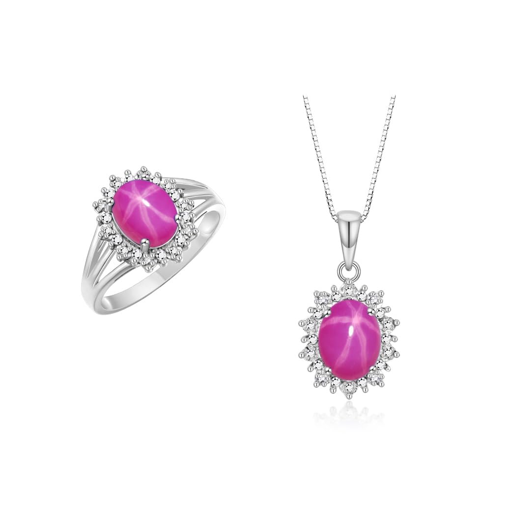 Rylos Women's Sterling Silver Princess Diana Ring &amp; Pendant Set. Gemstone &amp; Diamonds, 9X7MM Birthstone. Matching Friendship Jewelry, Sizes 5-10.