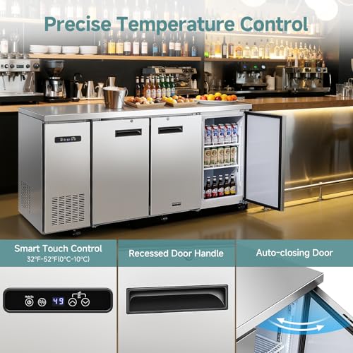 Image of BODEGA BODEGACOOLER Commercial Bar Cooler with 3 Solid Doors, 20.5 Cu.Ft Back Bar Beverage Refrigerator for Beer Soda Wine,LED Light, Stainless Steel Top,6 Casters for Kitchen Buffet Table Use