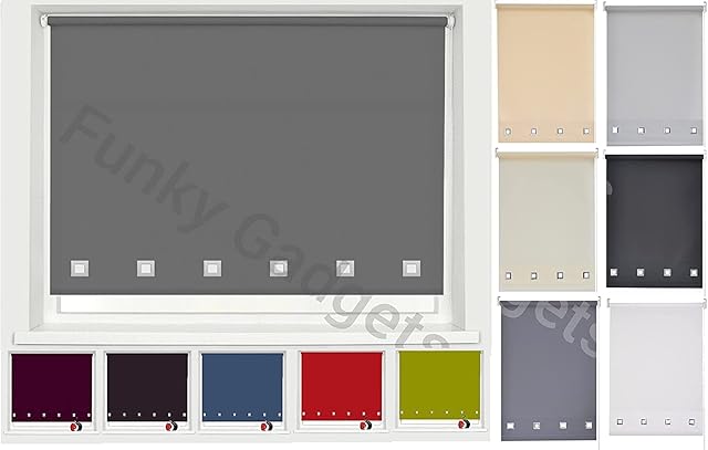 Funky Gadgets Square Eyelet Light Filtering Polyester Fabric Daylight Trimmable Roller Blinds with metal fittings with plastic quoting included (W60 x L165cm, Grey)