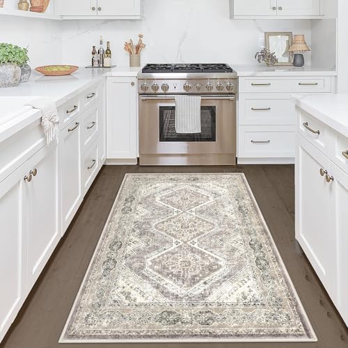 KUTA Area Rug 3x5 Oriental Ivory Grey Yellow Rugs for Living Room, Washable Kitchen Non-Slip, Ultra Soft Printed Distressed Tribal Entry Low-Pile Throw Carpet for Bedroom Dorm Decor