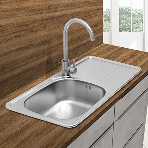 ECD Germany Fregadero de cocina 76 x 42,5 cm con juego de desagüe - lavabo a la izquierda con sifón - soporte a la derecha - acero inoxidable - pila lavadero platos manual empotrado con rebosadero