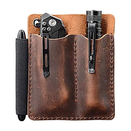 EDC Leather Pocket Organizer, Pocket Slip, Pocket Knife Pouch, EDC Carrier, with Pen Loop, Everyday Carry Organizers, Full Grain Leather. Chestnut.