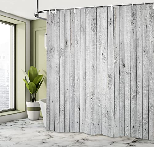 ABAKUHAUS Grey and White Shower Curtain, Vertical Lines Wooden Board Background Black and White Tone Vintage Planks Picture - Image 4