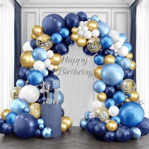 Image of Navy Blue and Gold Balloons Arch Kit, Blue and White Balloon Arch Kit with Metallic Dark Light Blue Gold Conftti Balloons Garland for Graduation Birthday Father's Day Party DIY Decoration