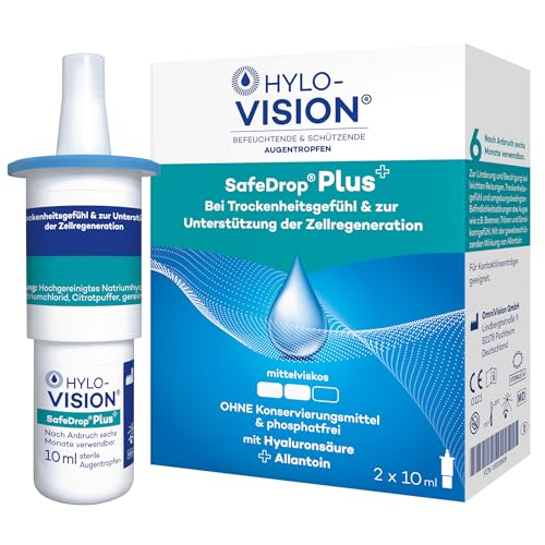 Hylo-Vision SafeDrop Plus Augentropfen – Bei trockenen und gereizten Augen, unterstützt die Zellregeneration, mittelviskos, konservierungsmittelfrei, geeignet bei Kontaktlinsen, 2 x 10 ml
