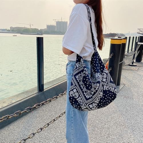 Shopping Bags Canvas Casual Multifunctional Shoulder Bag Retro Printed Handbag(black)