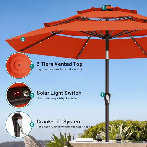 Image of AreShark 9ft 3 Tiers Patio Umbrella with Solar Lights, Outdoor Umbrella w / 32 LED Lights&8 Sturdy Ribs, Table Umbrella for Deck, Backyard, Pool (Orange)