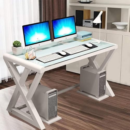 BINGTOO 55.1" Glass Top Computer Desk with Metal Frame - Modern Simple Workstation for Home Office, Gaming, Writing, Study & Work, White