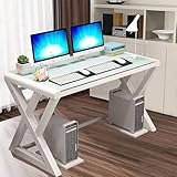BINGTOO 55.1' Glass Top Computer Desk with Metal Frame - Modern Simple Workstation for Home Office, Gaming, Writing, Study & Work, White