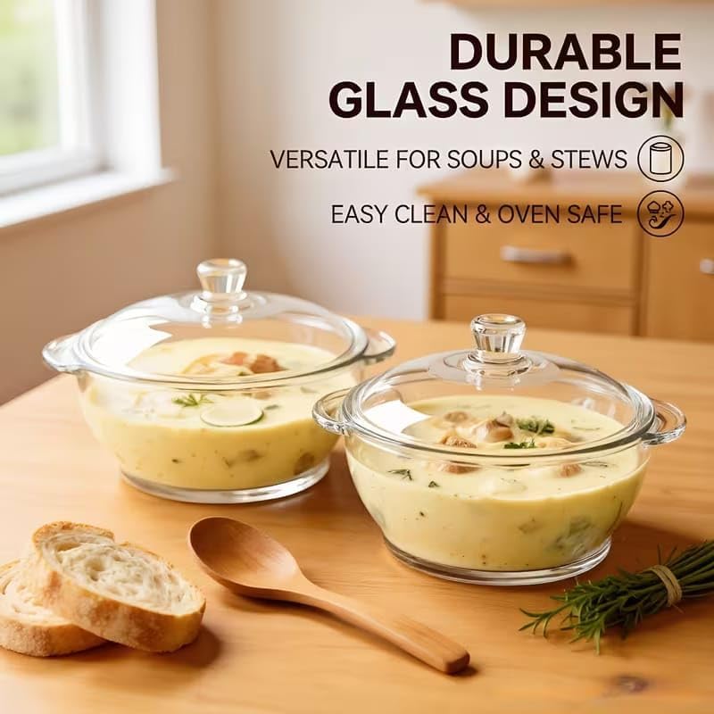 Image of Glass Casserole Dish with Lid, 1000ml, Clear, Heat-Resistant, Microwave and Dishwasher Safe, for Soups and Stews - 1 pcs