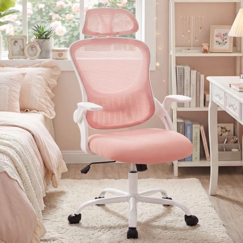 Image of DUMOS Ergonomic Office Chair - High Back Mesh Computer Chair with Lumbar Support, Headrest, Flip-up Arms, and Swivel Wheels - Comfortable Gaming & Desk Chair for Home Bedroom Office,Pink