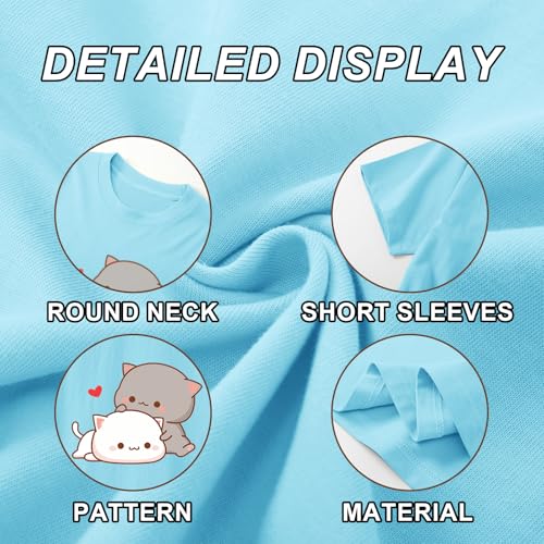 Image of KEEVICI Cute Cat Shirts for Girls Graphic Tees Kids Kawaii Cartoon Animal Print T Shirt Summer Cotton Short Sleeve Tops