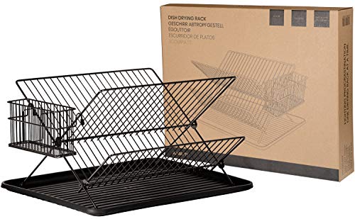 JOHSEATY Escurreplatos plegable de metal negro (36,5 x 30,5 x 22 cm) con soporte para cubiertos y bandeja de goteo de plástico, rejilla plegable para fregadero para platos y vasos