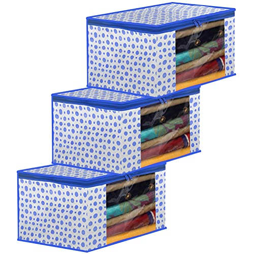 Image of Kuber Industries Dot Printed Foldable, Lightweight Non-Woven Saree Cover /Organizer With Tranasparent Window- Pack of 3 (Blue)-46KM0493