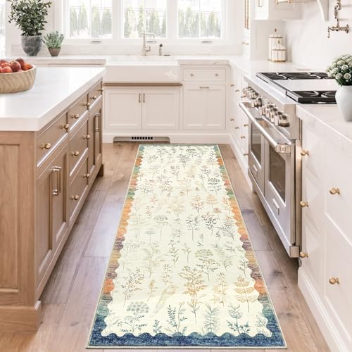 GarveeHome Washable 2x6 Runner Rugs for Bathroom Floral Kitchen Rug Neutral Scalloped Carpet, Non-Slip Hallway Rug Stain Resistant Modern Low-Pile Carpet for Laundry Bedside Entryway(2x6ft)