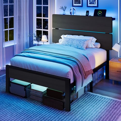 Image of SHA CERLIN Twin Size Bed Frame, Led Light, Charging Station, Storage Shelf | Wooden Headboard, Heavy Duty Slats Support, Metal Platform Bed, Under Bed Storage, No Box Spring Needed, Noise Free, Black