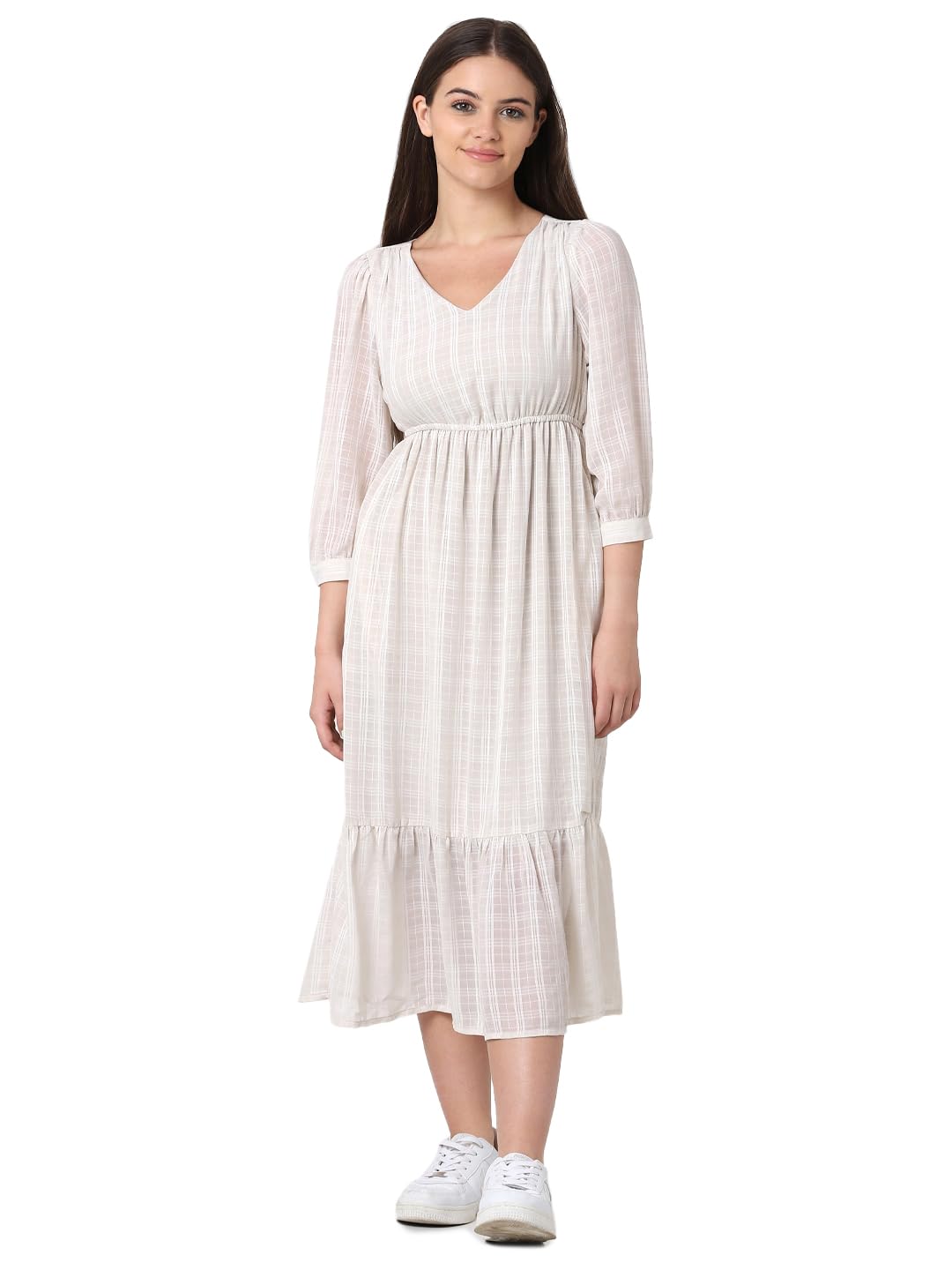 ONLY Women's Beige Checked Midi Dress