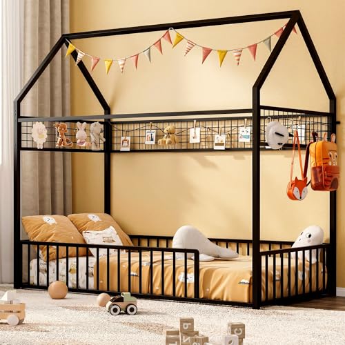 IRONCK Twin Floor Bed Frame, Metal House Bed with Fence