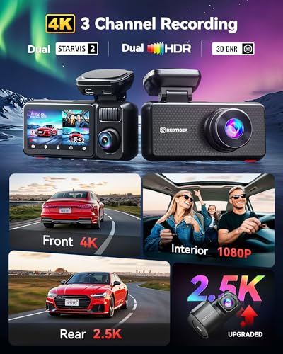 Image of REDTIGER F17 Elite 4K Dash Cam 3 Channel, STARVIS 2 IMX678 & IMX675, 128GB Card, Full Night Color, 4K+2.5K+1080P Front and Rear Inside, Voice Control, 5GHz WiFi-30MB /s Download, GPS, HDR, Parking Mode