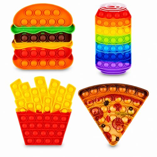 Pop Its Fidget Toys Pack 4 - Stress Relief Food Pop Its Poppers Fidget Poppet Toy - Autism Learning French Fry Pizza Hamburger Popits Push Pop Bubble Popping Sensory Toy for Kids