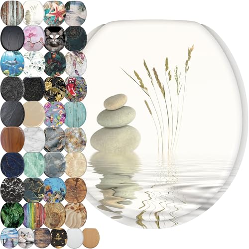 SANILO Wooden Toilet Seat with Soft Close [ROUND] - Decorative, Quiet & Slow Close Molded Wood Seat - With Strong Bumpers & Hinges - Adjustable Fit – Balance