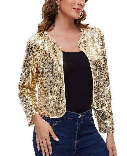Image of MINTLIMIT Women's Sequin Jacket Long Sleeve Open Front Sparkly Shrugs Glitter Cropped Bolero Cardigans