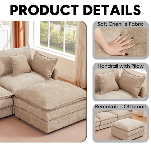 Image of 110.5 inch L Shaped Modular Sectional Sofa, Comfy Upholstery Chenille Cloud Couch with Ottoman, Modern 4-Seat Deep Seat Sofa with Pillow for Living Room, Bedroom, Apartment, Coffee Brown
