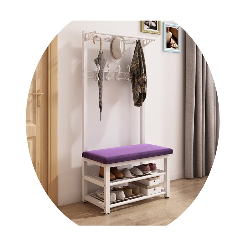 MSHGSKU Industrial Metal Coat Rack with Hooks and Shoe Bench Freestanding Entryway Organizer for Coats Hats Bags - Stylish White & Purple (60x33x172cm)