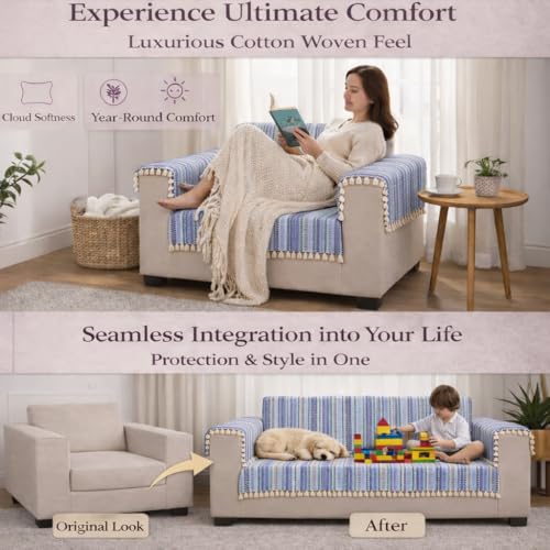 Image of STITCHNEST Woven 1 Seater Sofa Protector with 2 Hand Rest Covers - Blue & White Stripe Design - Washable Fabric with Tassels - Stylish Sofa Cover for Modern Living Room & Furniture Decor
