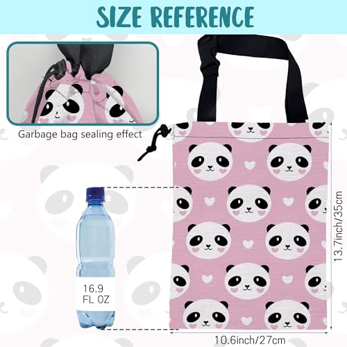 Image of Car Garbage Bag Cute Panda and Heart Drawstring Car Trash Bag Hanging for Back Seat with Adjustable Buckle Canvas Vehicle Trash Can Easy-to-Install