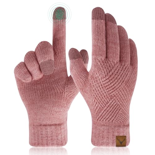 Women Touch Screen Gloves - Winter Warm Gloves Touchscreen Mittens Thermal Fleece Lined Knitted Gloves for Outdoor, Pink, One Size