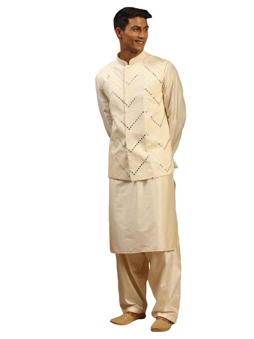 Men's Viscose Jacket, Kurta and Pyjama Set | Mirror Work Chevron Pattern Chic Jacket Kurta Patiala Set For Men-image-10