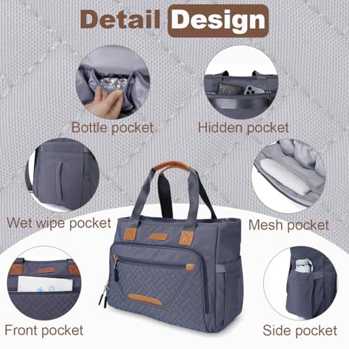 Image of FHELAD Diaper Bag Tote for Women, Baby Diaper Bag 16L (Dark Gray) | 5 Insulated Pockets, Stroller Clip, 15.6 Inch Laptop Compartment, Detachable Shoulder Strap