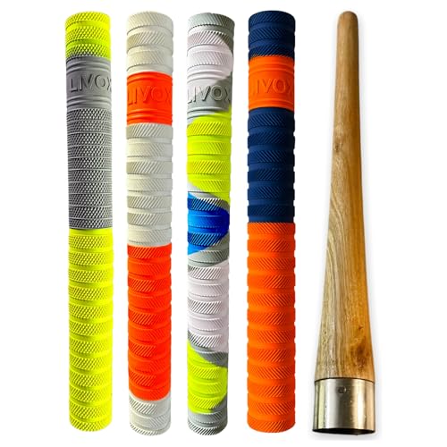 Image of Sixteen Cricket Bat Handle Rubber Grips Set with Wooden Grip Cone - Pack of 5 (4 Rubber Grips + 1 Wooden Cone, Multi-Design 2)
