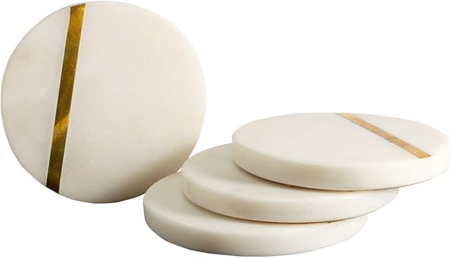 GoCraft Marble Brass Insert Coasters | Handcrafted White Marble Coasters with Brass Lining on Front for Your Drinks, Beverages & Wine/ Bar Glasses (Set of 4)
