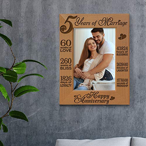 Kate Posh - 5 Years Of Marriage Photo Frame - Happy 5Th Wood - Engraved Natural Solid Wood Picture Frame (5X7-Vertical) #TOP3