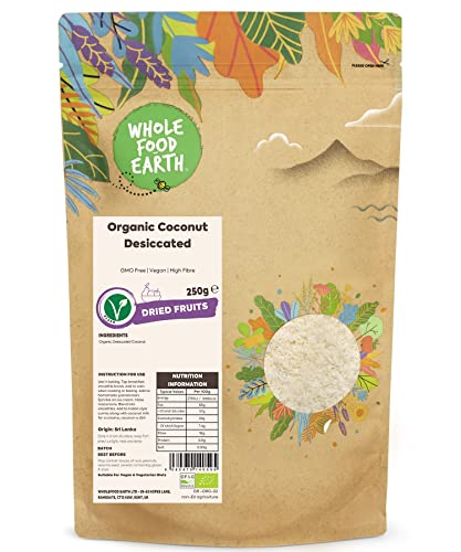 Wholefood Earth - Coco ecológico seco, 250 g, sin transgénicos, vegano, alto en fibra, con certificación ecológica