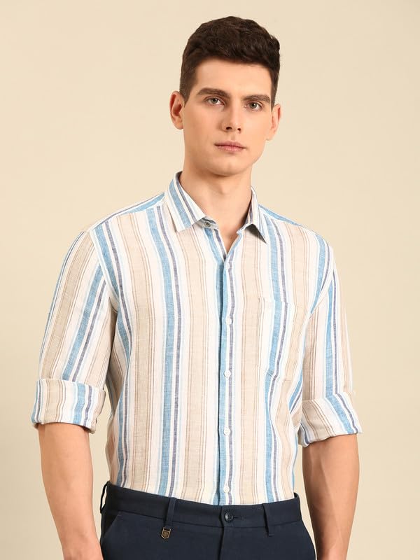 Image of Linen Club Men's Pure Linen Striped Contemporary Fit Full Sleeve Casual Shirt