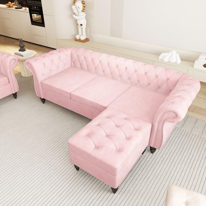 Image of Chesterfield Velvet 3 Seater Round Arm Sofa + Ottoman Modern Sofa for Your Loving Space, Bedroom, Living Room, Offices (Ashrose)