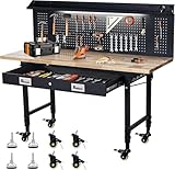 Adjustable Height Heavy Duty Workbench, 60"x22" Sturdy Rubber Wood Top, 2000 lbs Capacity, Pegboard, Drawer Storage, Power Outlet, Lockable Wheels, Mobile Garage & Workshop Table, Black